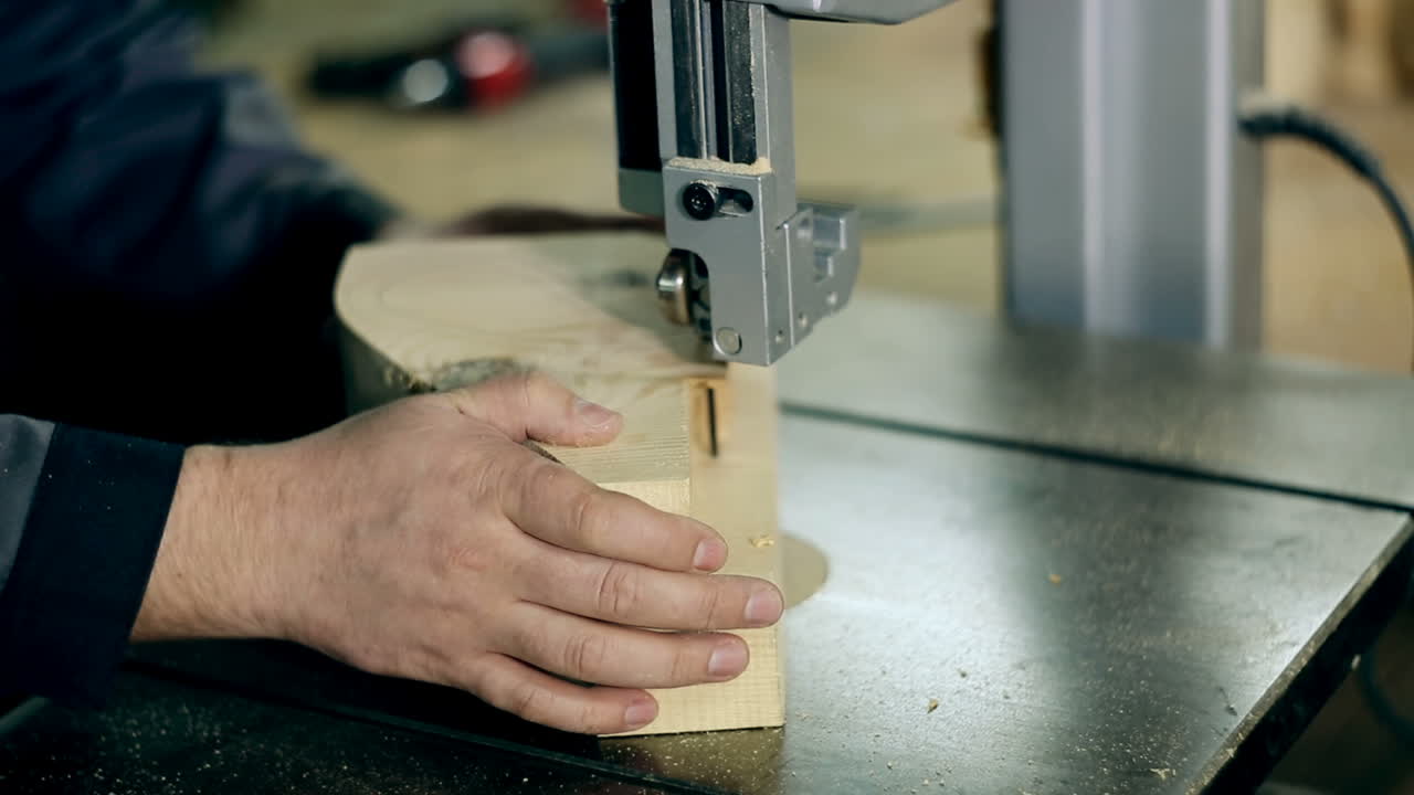 Man Cutting Wood Plank. Carpenter at work. Man cutting wood plank using electric jig saw.