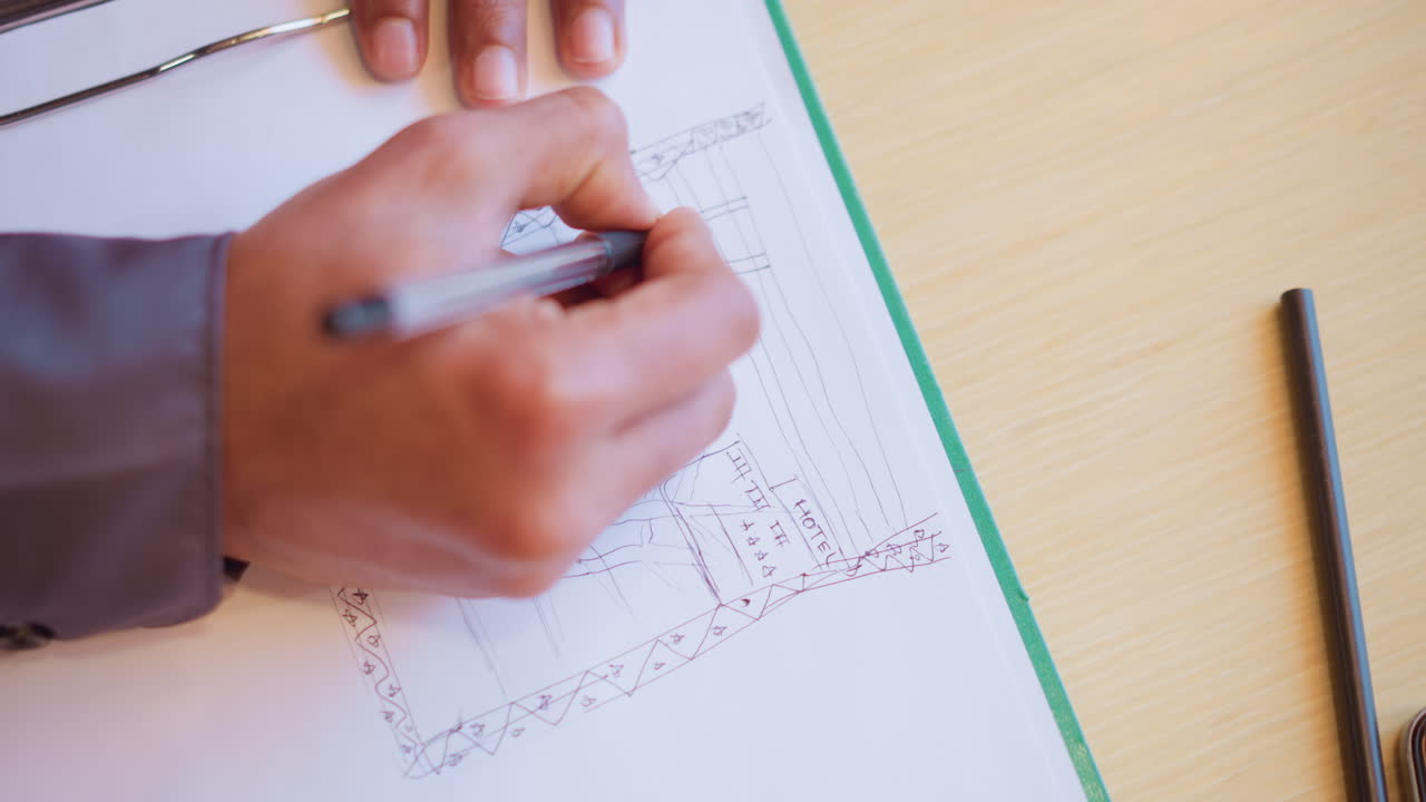 Close-up of young man's hand drawing building design labeled hotel with four stars on white paper using black pen on clipboard, emphasizing creativity, precision, and focus in architectural planning process