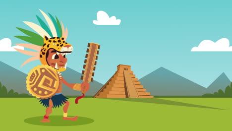 culture aztec pyramid with native character scene animation