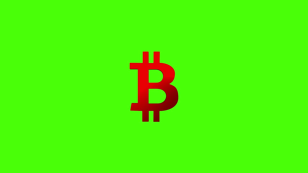 Cryptocurrency red symbol bitcoin isolated on green background. Rotating golden metal symbol seamless looping 3d animation. Blockchain technology. 4k video graphic animation