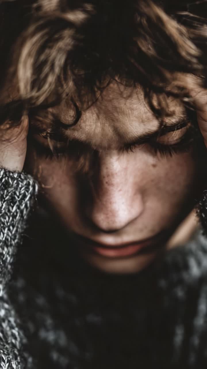 Um momento contemplativo e emocional capturado em dois frames, mostrando uma pessoa jovem vivenciando introspecção e tensão, transmitindo um forte senso de vulnerabilidade e reflexão