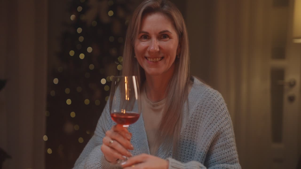 Kobieta wznosząca toast kieliszkiem wina w Boże Narodzenie