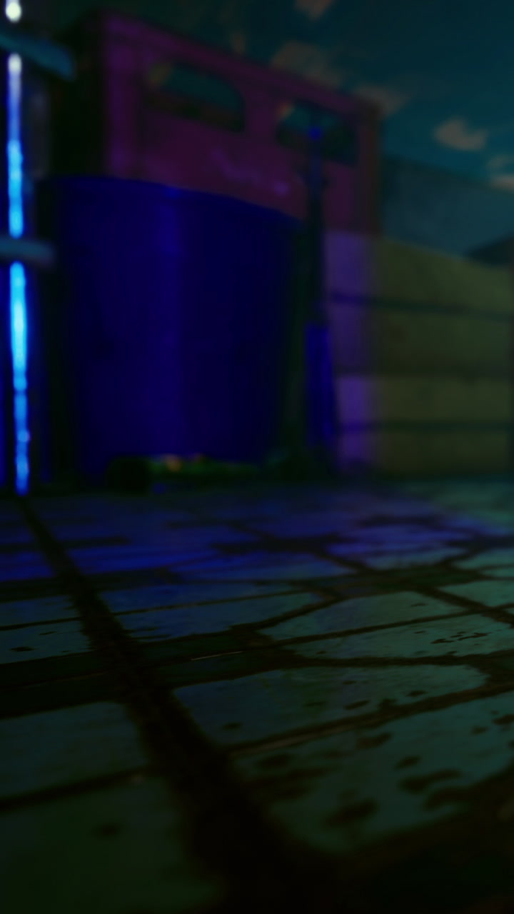 Street view at night with colorful buildings and reflections on the ground