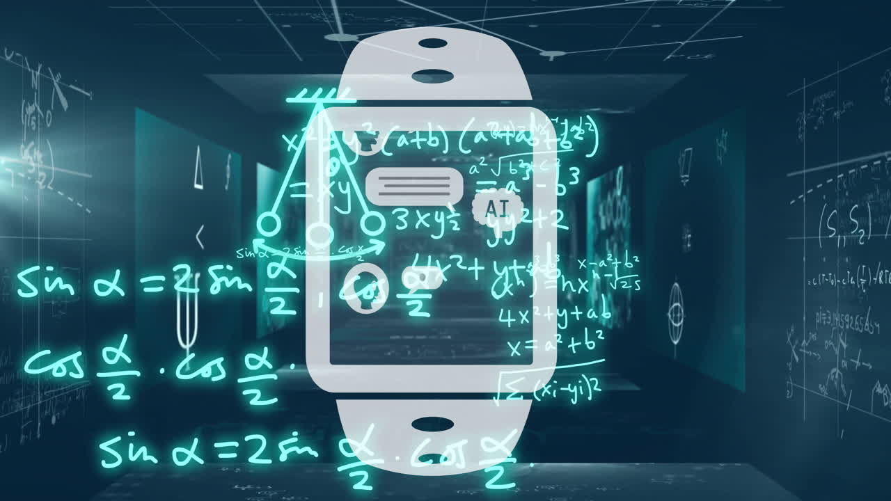 animación de reloj inteligente con procesamiento de datos de texto y matemáticos