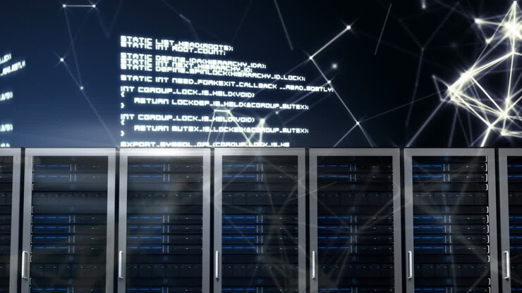 servers in a row with animated abstract graphics