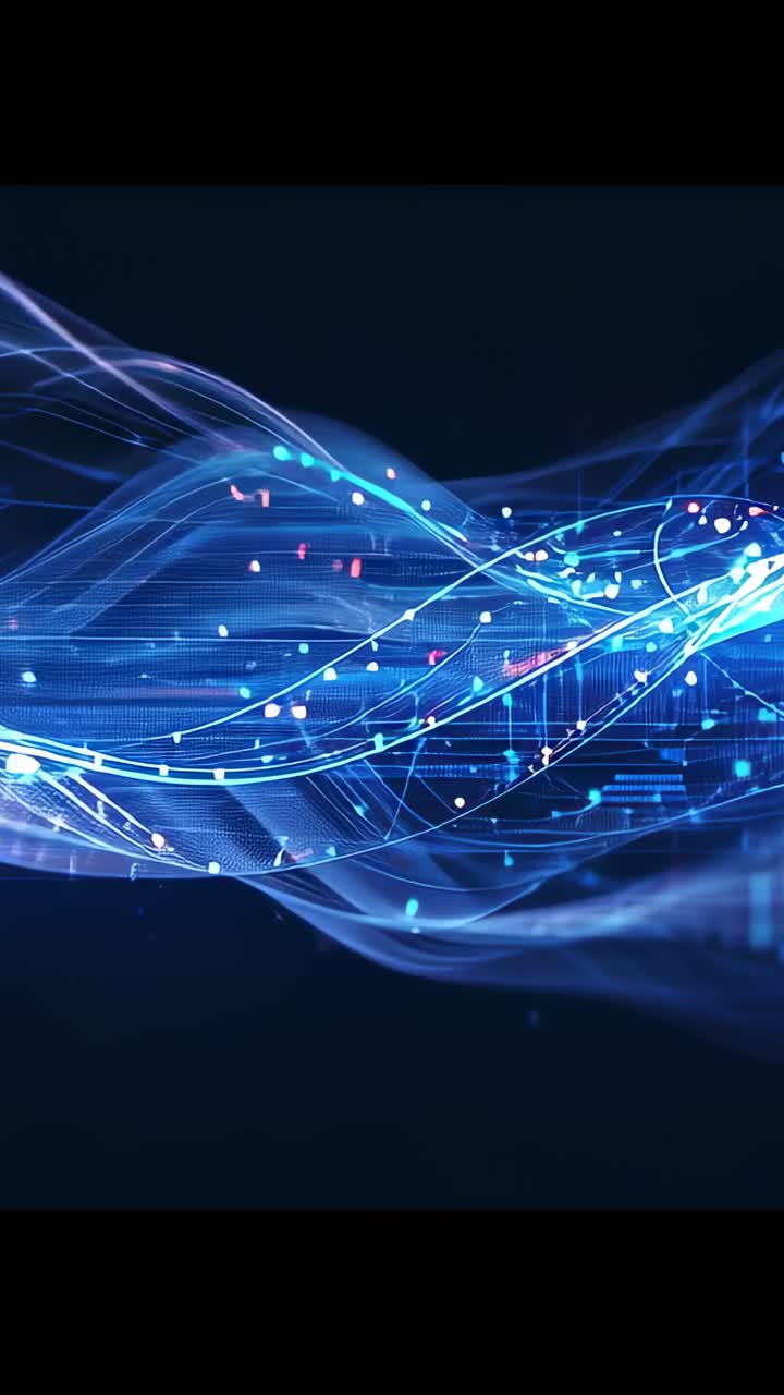 Vertical video: Animation starting, ribbons flowing on dark navy with particles showing data flow