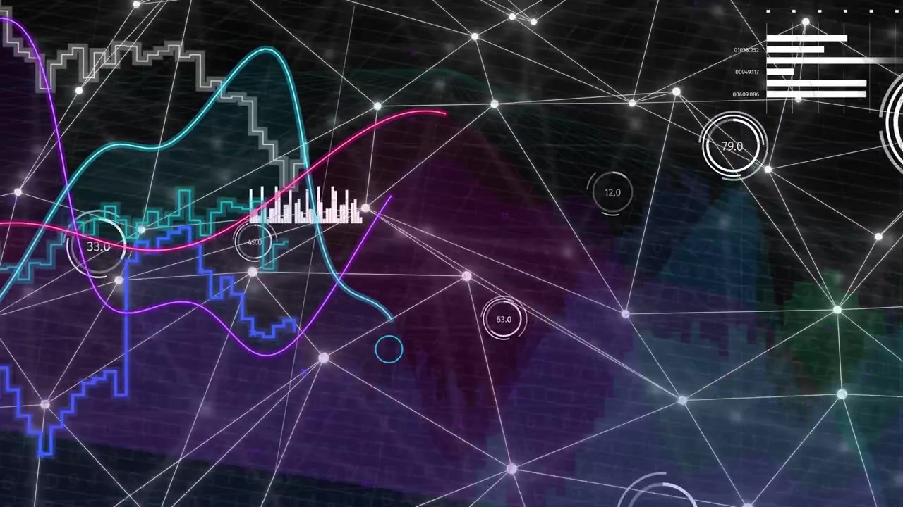 On data pulse, glowing node mesh revealing HUD, waveforms sweeping, gauges updating to show metrics