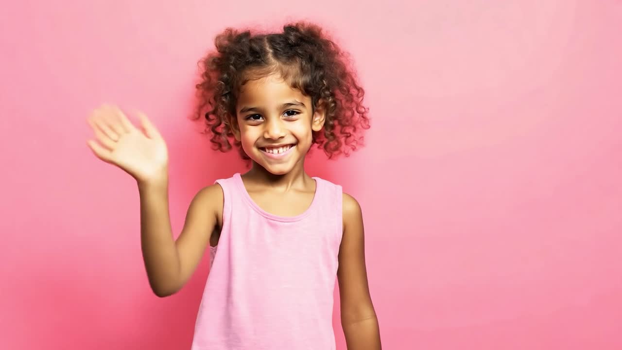 una niña sonríe y saluda a la cámara.