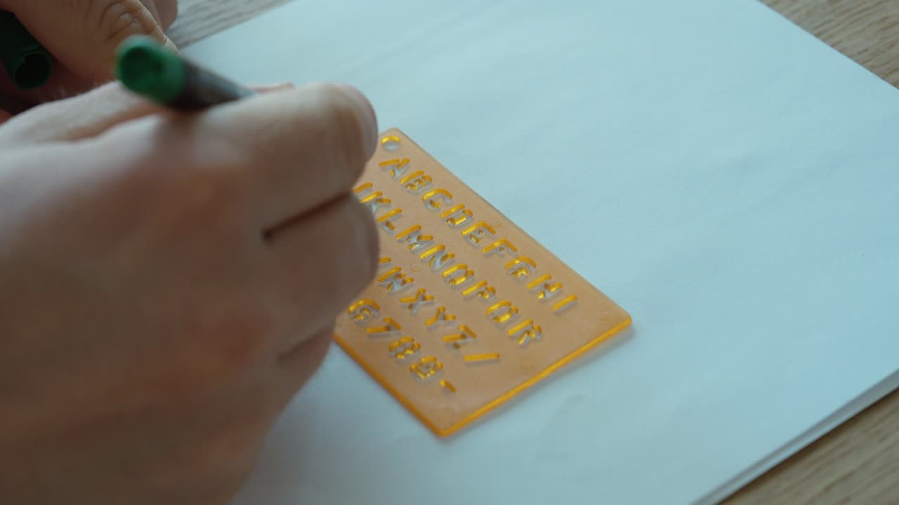Hand positioning a stencil on paper, representing structured writing, learning, and precision