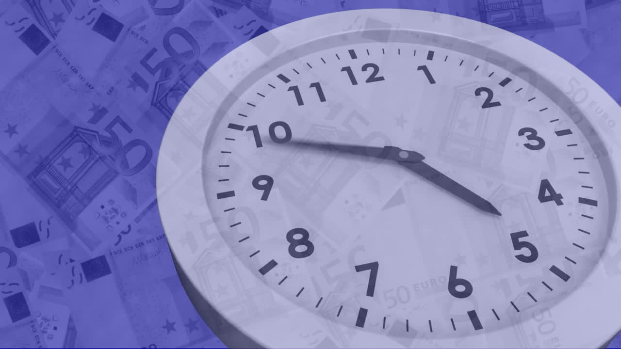 Digital animation of clock ticking against euro bills in background