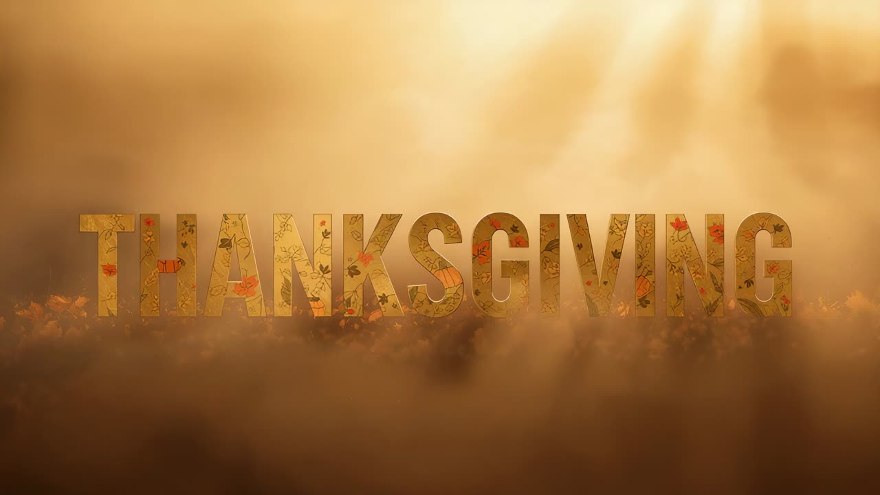 Raggi luminosi provenienti dall'angolo superiore destro, che proiettano lunghe ombre attraverso la foschia dorata, con la parola THANKSGIVING splendente