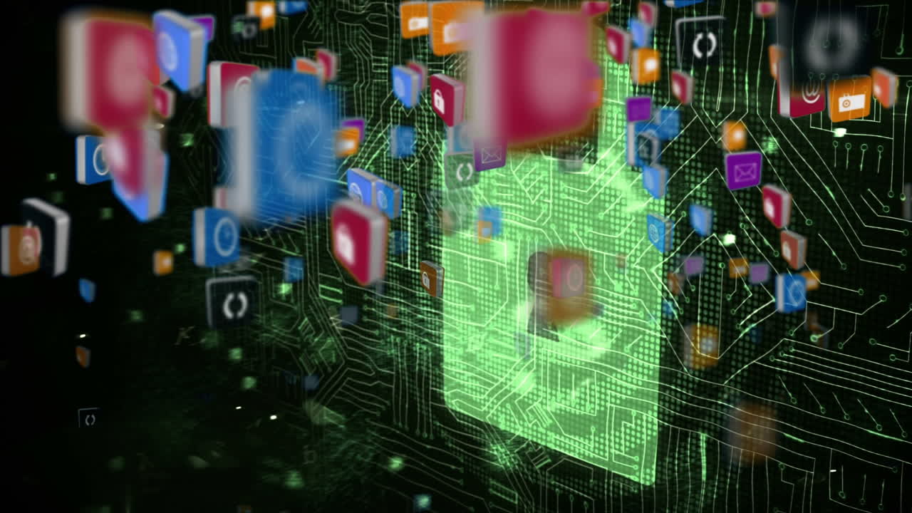 animación de múltiples iconos flotantes y servidor verde