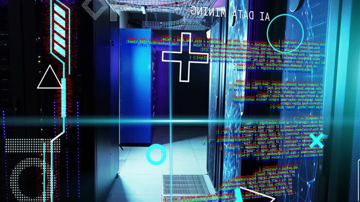 Animation of blue scanner beams, rotating shapes and interfaces processing data over server room