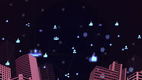 animation of network of connections and icons cityscape