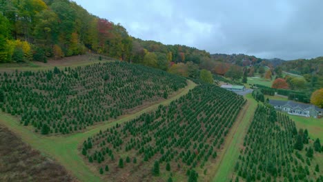 Drone-gliding-over-farm-land-on-a-mountain-side-during-fall