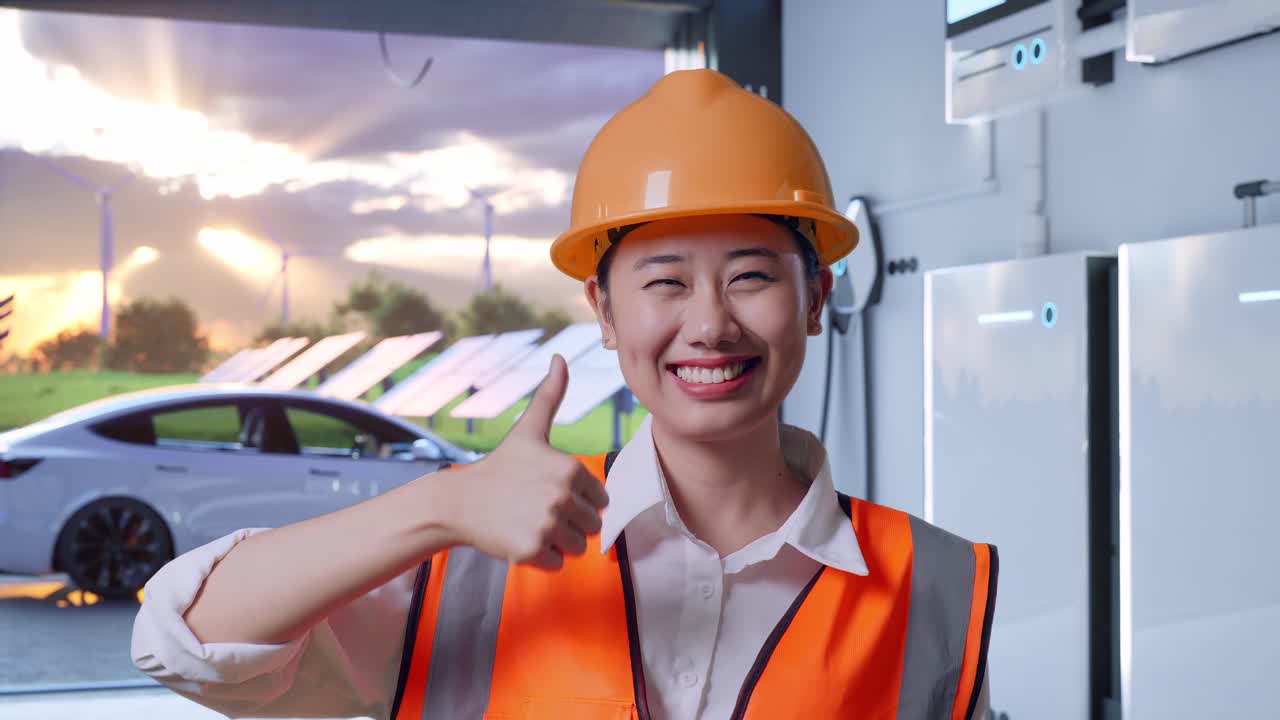 Close Up Of Asian Female Engineer With Safety Helmet Smiling And Showing Thumbs Up Gesture To The Camera With Home Energy Storage System In a Modern Garage