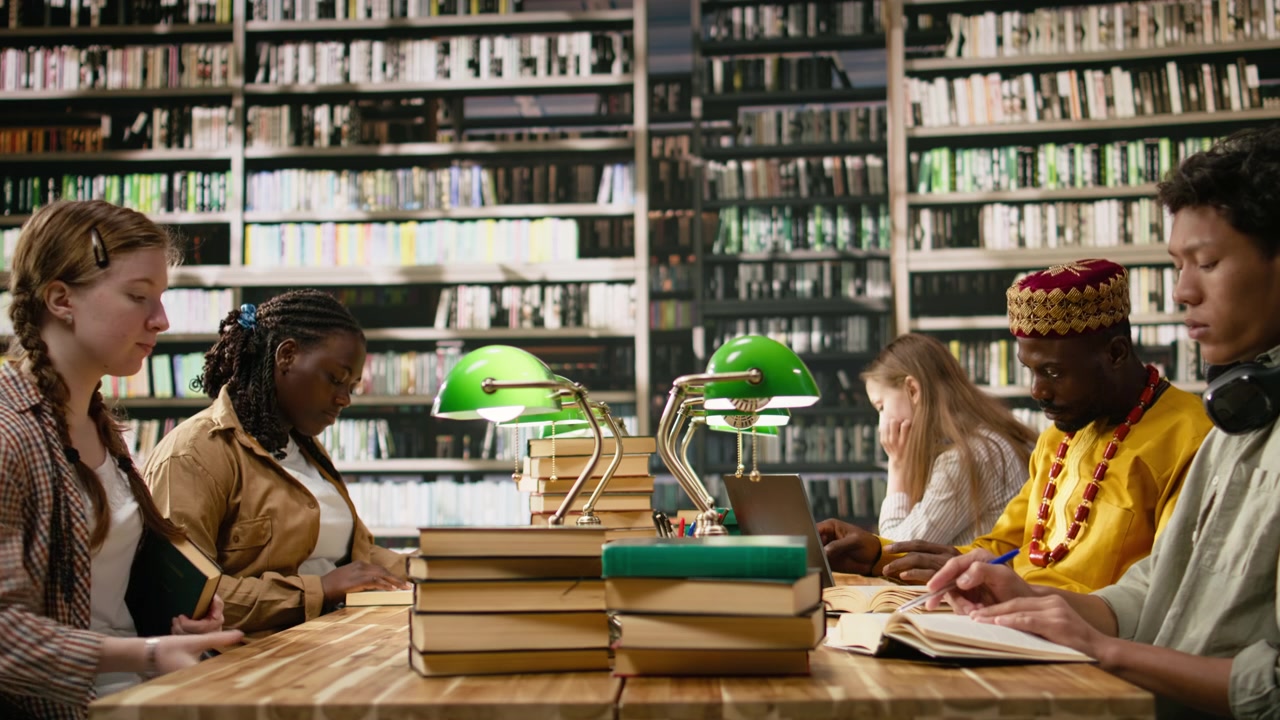 Studente adulto in abiti tradizionali gialli seduto a una scrivania di studio in biblioteca
