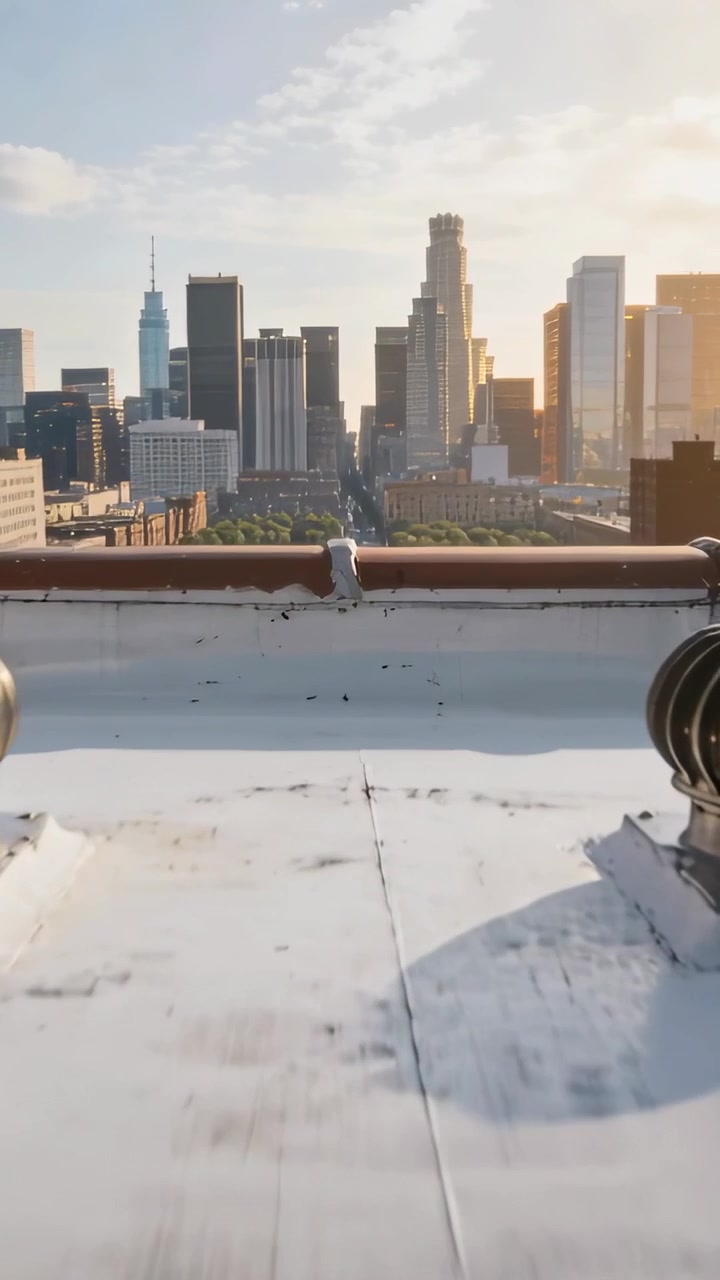 Vertical video: Moving camera pushing forward showing three rooftop turbine vents to reveal skyline