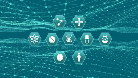 iconos médicos que se mueven contra la onda digital sobre un fondo verde
