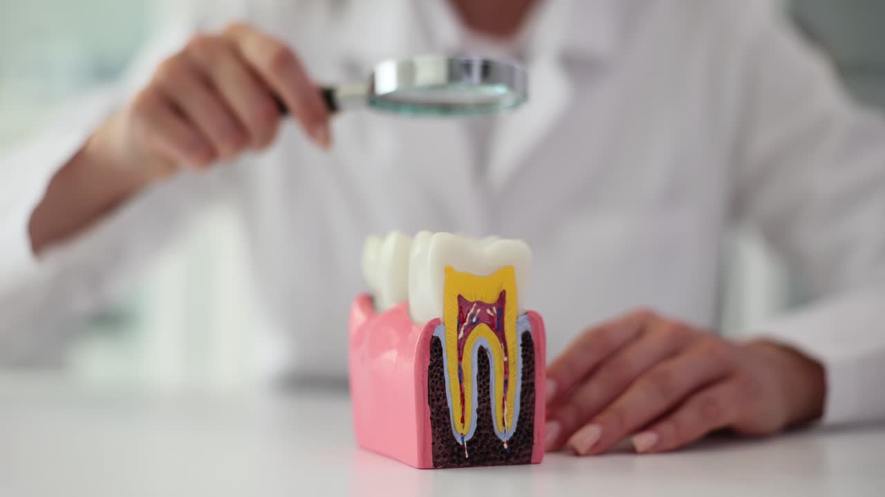 A person examining a detailed dental tooth and gum model with a magnifying glass
