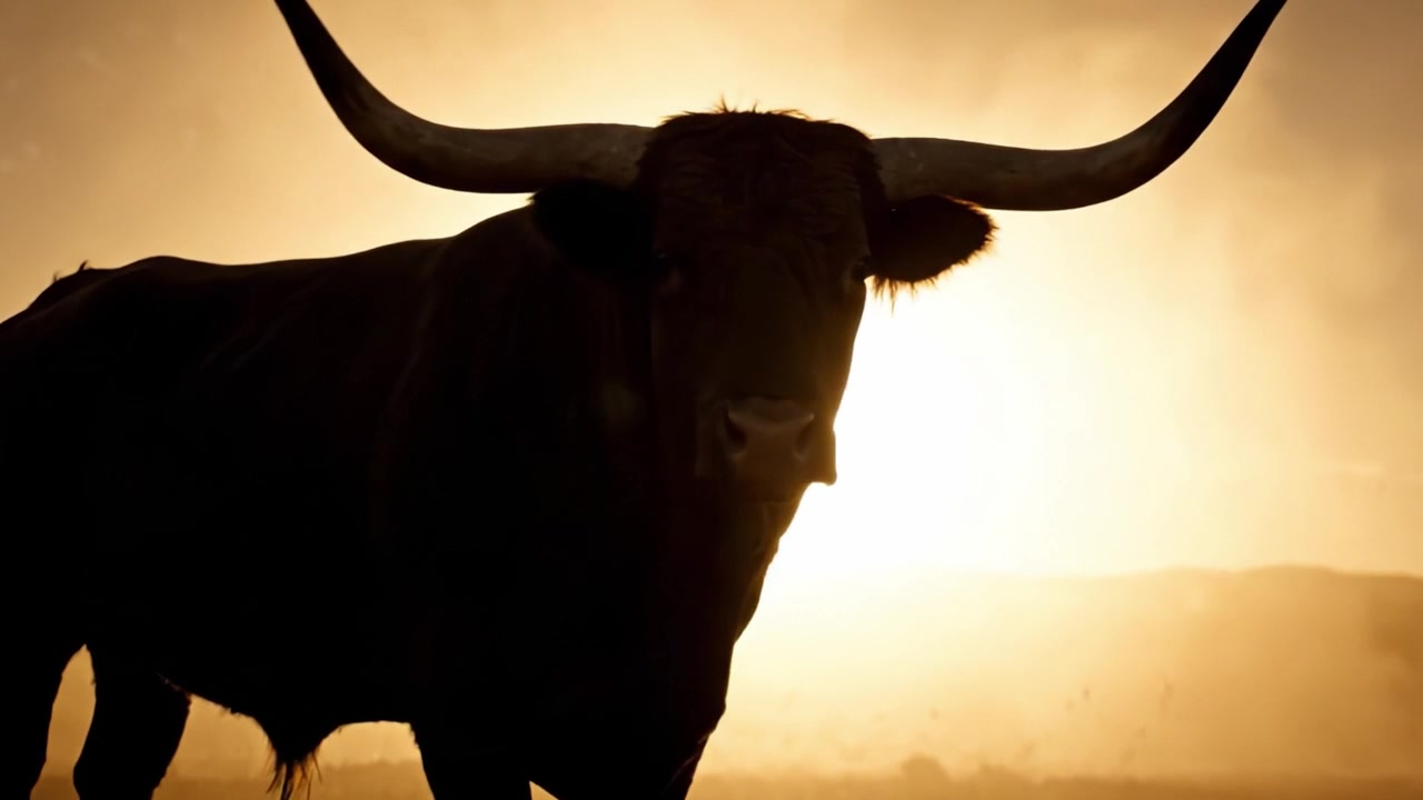 Toro maestoso sagomato contro un orizzonte dorato, che cattura l'essenza di forza e libertà nella luce mozzafiato della natura
