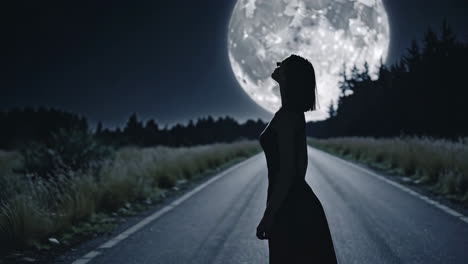 woman standing under a giant moon on a dark road
