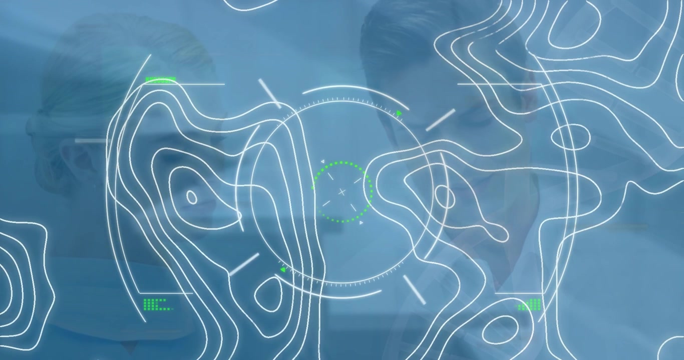 Animation of digital interface and lines over caucasian couple
