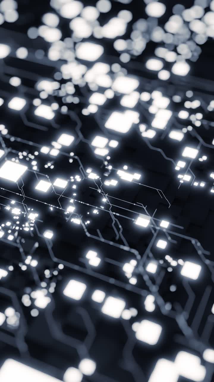 Abstract digital circuit pattern with glowing white lights and dark background. 3D render of futuristic technology board. Artificial intelligence and data processing concept, wallpaper. vertical