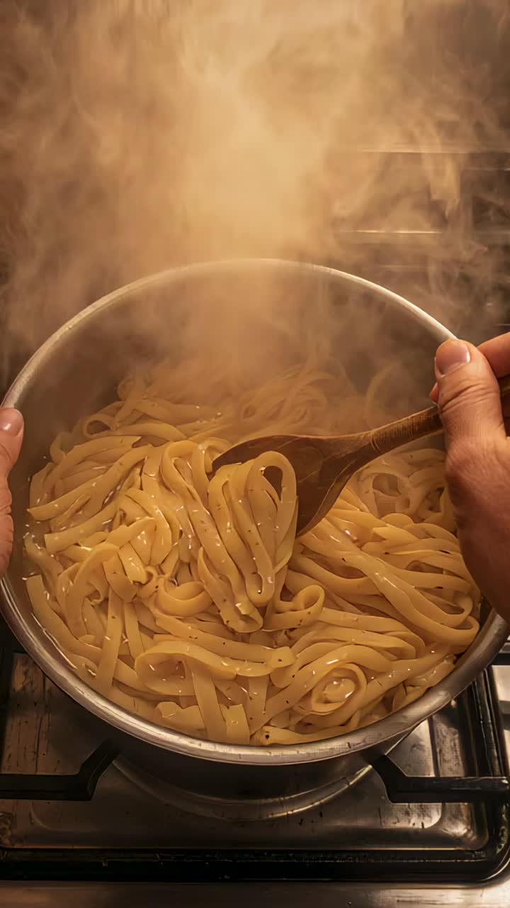 Vertical video: Steam rising causing cook stirring pot with spoon on gas stove, preventing clumps