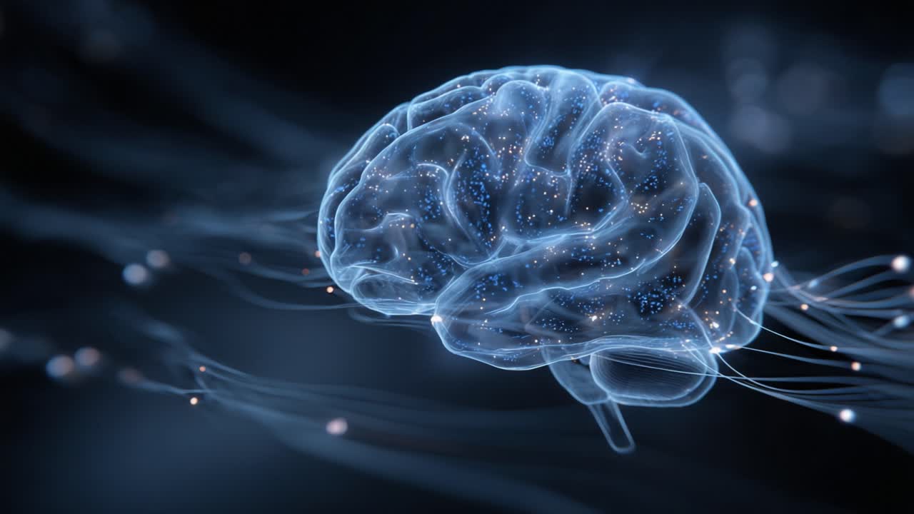 Abstract animation showing a translucent human brain with firing synapses and neurons, representing artificial intelligence, machine learning, and the complexity of the central nervous system