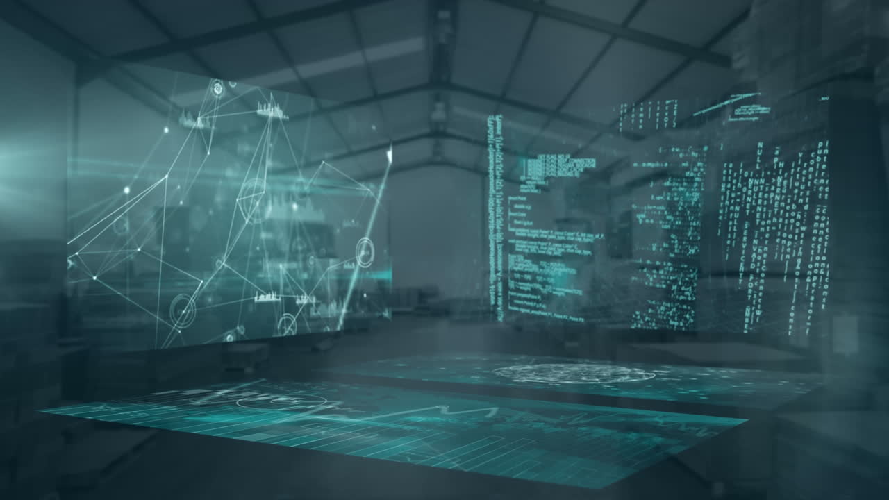 Animation of data processing over warehouse in the background.