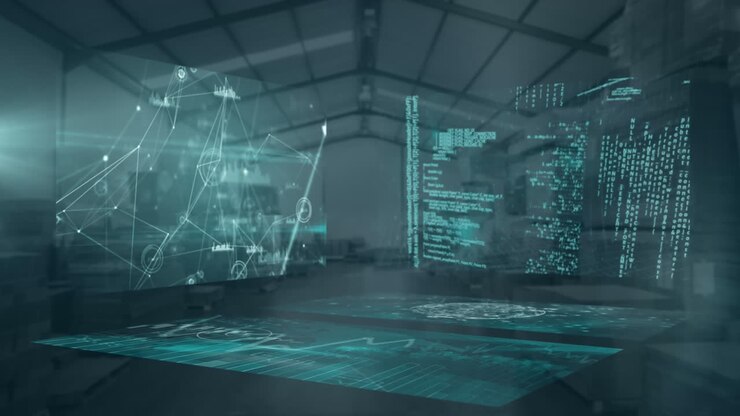 Animation of data processing over warehouse in the background.