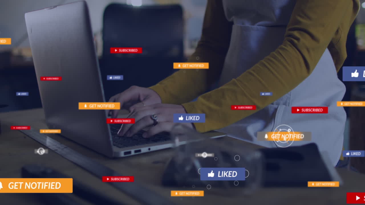 Animation of data processing over caucasian woman using laptop