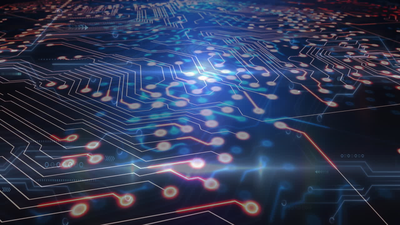 데이터 처리와 함께 컴퓨터 회로판의 애니메이션