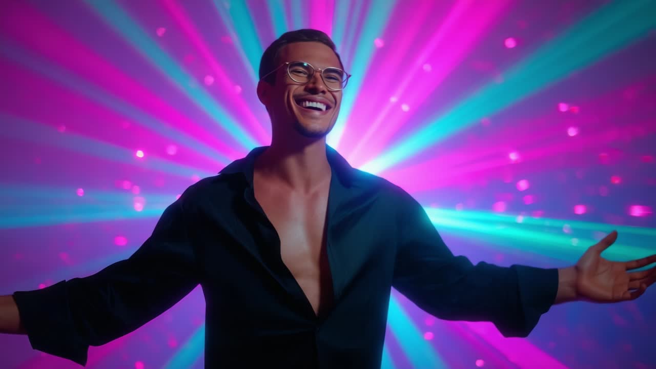 A Joyful Celebration of Life: A Person Expressing Euphoria and Confidence Under Vibrant Laser Lights, Surrounded by a Dazzling Spectrum of Colorful Rays that Illuminate the Scene
