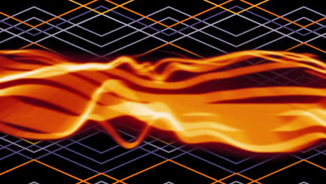 animación de ondas anaranjadas brillantes que se mueven sobre líneas anaranjadas y blancas sobre fondo negro