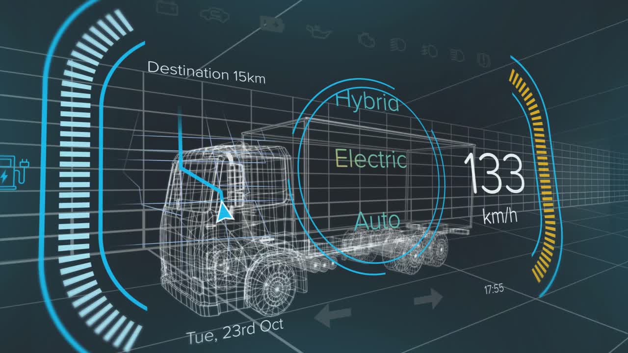 animación de un modelo 3d de coche con interfaz digital y procesamiento de datos