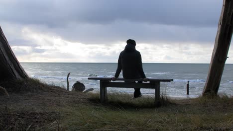 back view of caucasian male exploring nordic seaside forest, man sitting alone on the gray wooden bench on the beach, coastal pine forest, white sand beach, healthy activity concept, distant wide shot