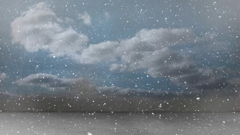 animation of snow falling over sky with clouds at christmas