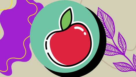 animación de una manzana roja cayendo en un círculo verde con forma púrpura y hojas en fondo gris