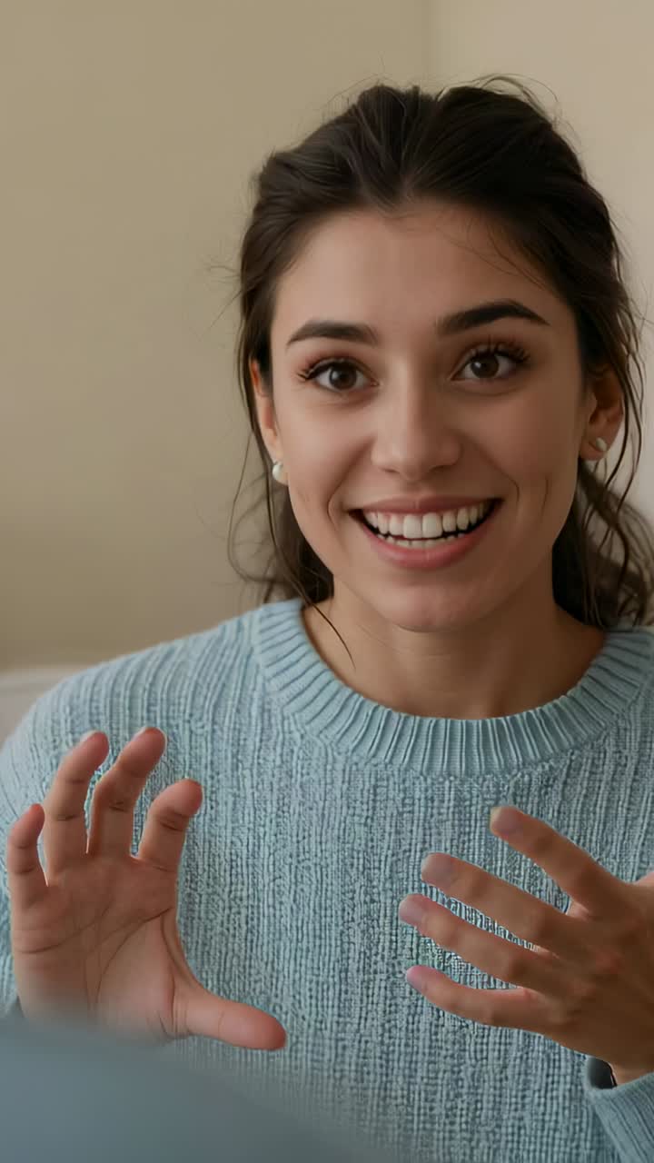 Video verticale: donna che parla gesticolando su un divano dopo il suggerimento del partner, con un maglione blu e borchie