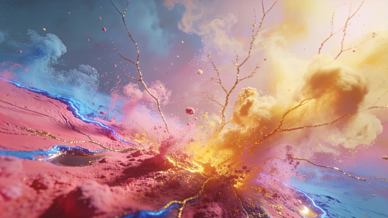 Erupting core releasing plume, embers, gold veins over pink terrain with blue veins as glow rising
