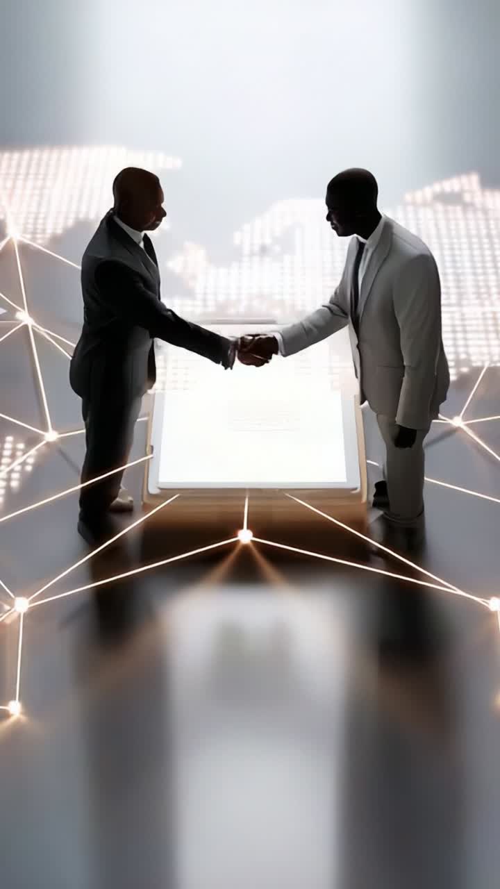 Two Business Professionals Engaging in Negotiation and Collaboration Over a Digital Interactive Table Surrounded by a Network of Connections and Data