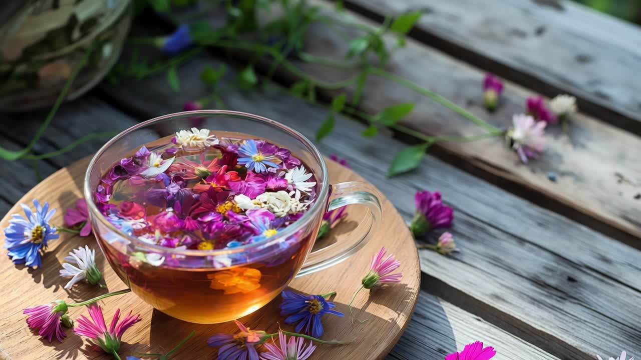 Glass cup filled with vibrant herbal tea, adorned with colorful edible flowers, resting on a wooden coaster, creating a soothing and relaxing atmosphere on a rustic table