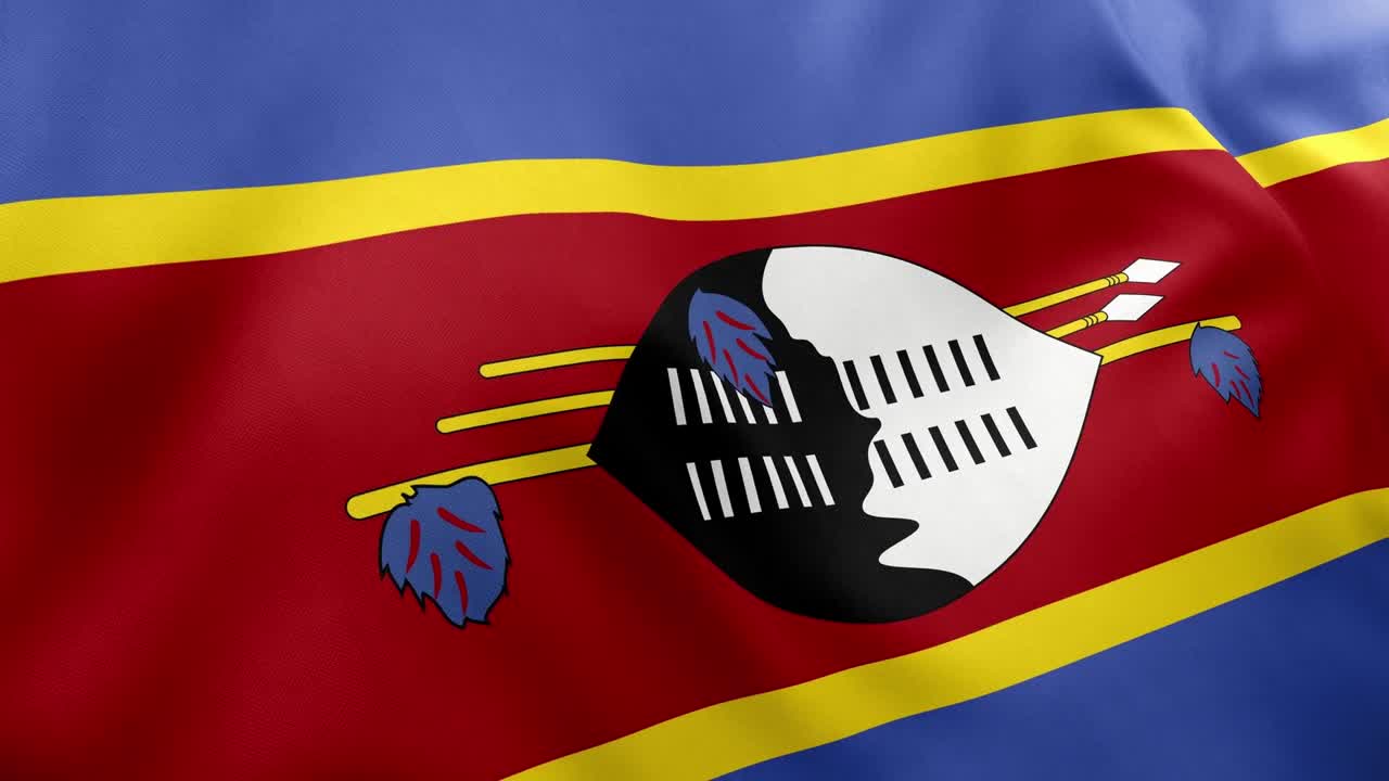 Realistic animation of Eswatini (Swaziland) flag waving. Blue yellow red stripes Nguni shield spears. Seamless loop for national pride Eswatini
