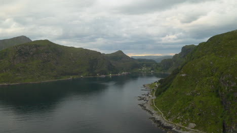 Scenic-View-Of-Green-Lush-Mountains-On-Norwegian-Fjord-Near-Maloy-Town