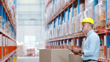 warehouse worker using digital tablet while checking packages