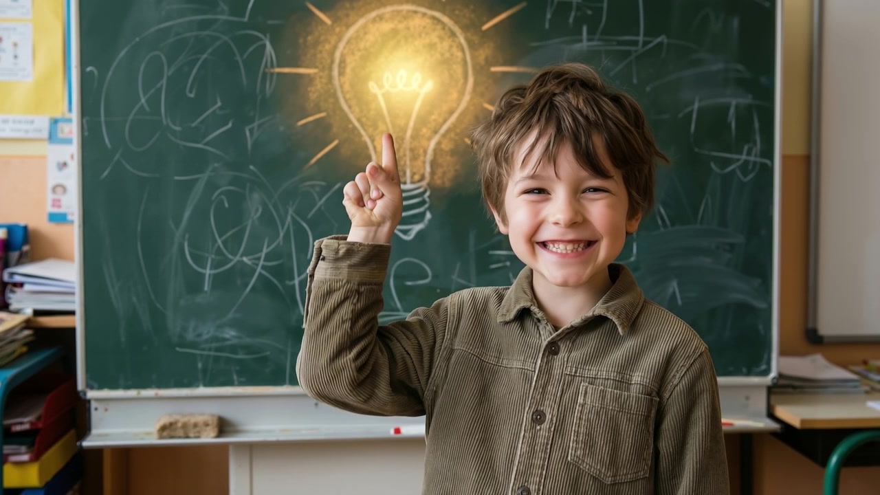 Giovane scolaro che ha un'idea brillante con l'illustrazione di una lampadina luminosa su una lavagna dietro di lui.