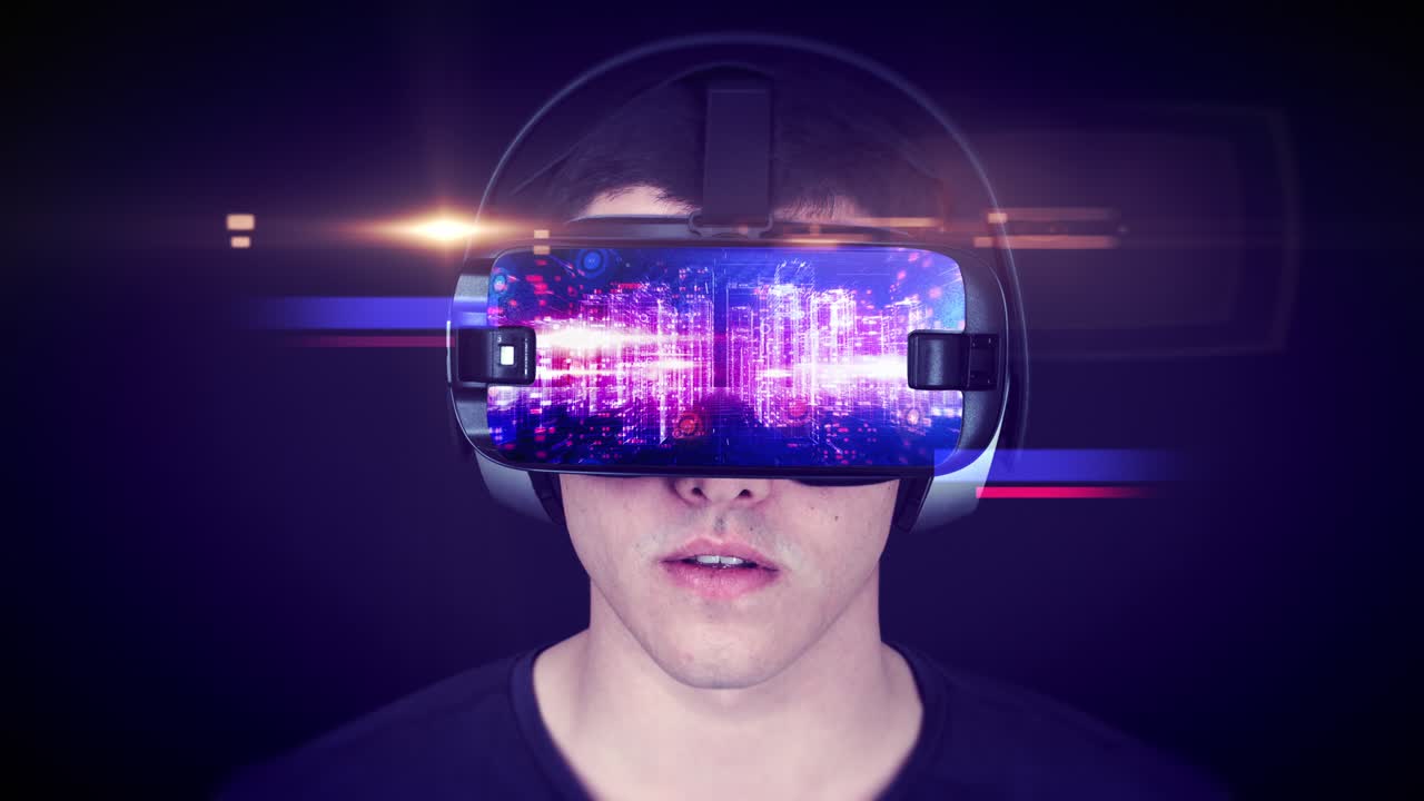 Young Man Playing Virtual Reality Game. Exploring Metaverse World.
