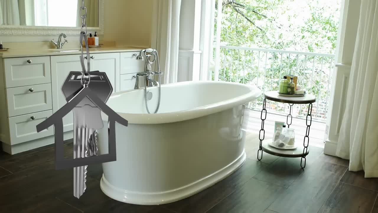 고급스러운 욕실 위에 집 열 ⁇ 와 열 ⁇ 를 흔들고 있는 애니메이션